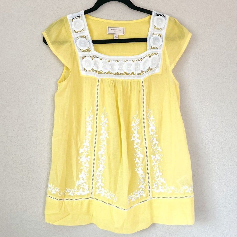 Anthropologie Moulinette Soeurs Yellow Blouse with White Embroidery Size 0